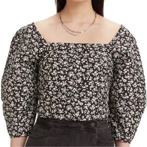 Levis SZ XS Black Ditsy Floral Square Neck Puff Sleeve Boho Yvie Crop Blouse NWT